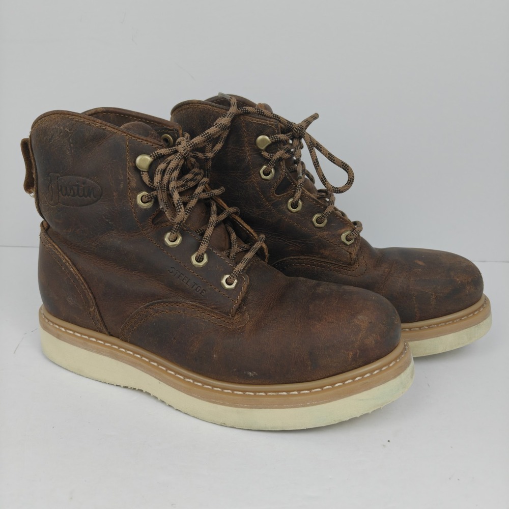Justin Maxwell OW709 6" Steel Toe Work Boots 9.5D Brown Leather Lace Up Ranch EH